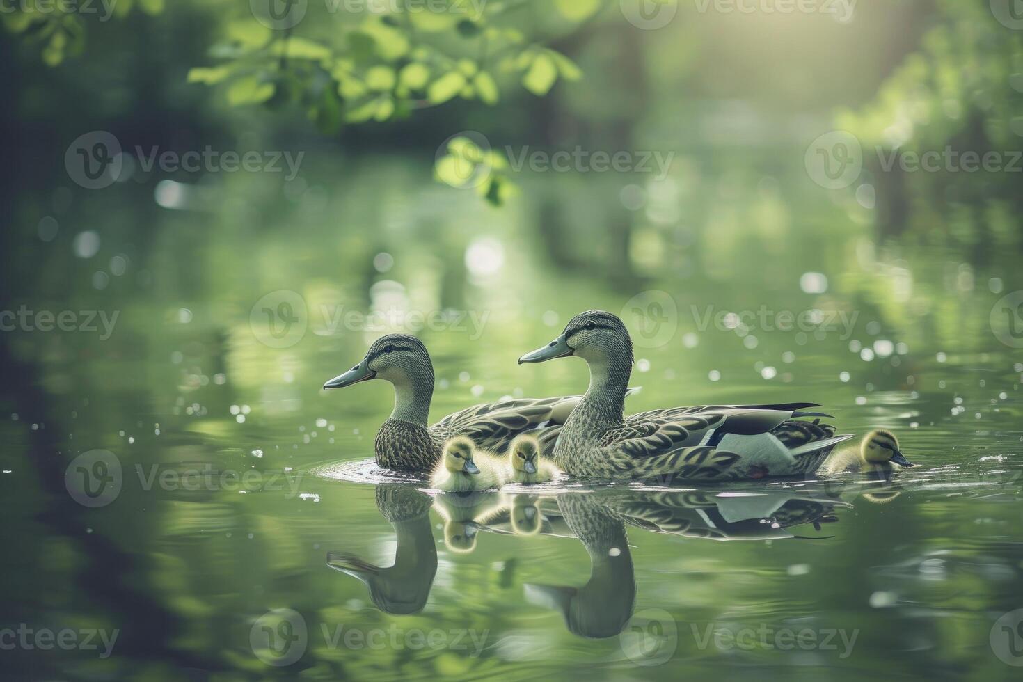 AI generated Duck family enjoy summer pond. photo