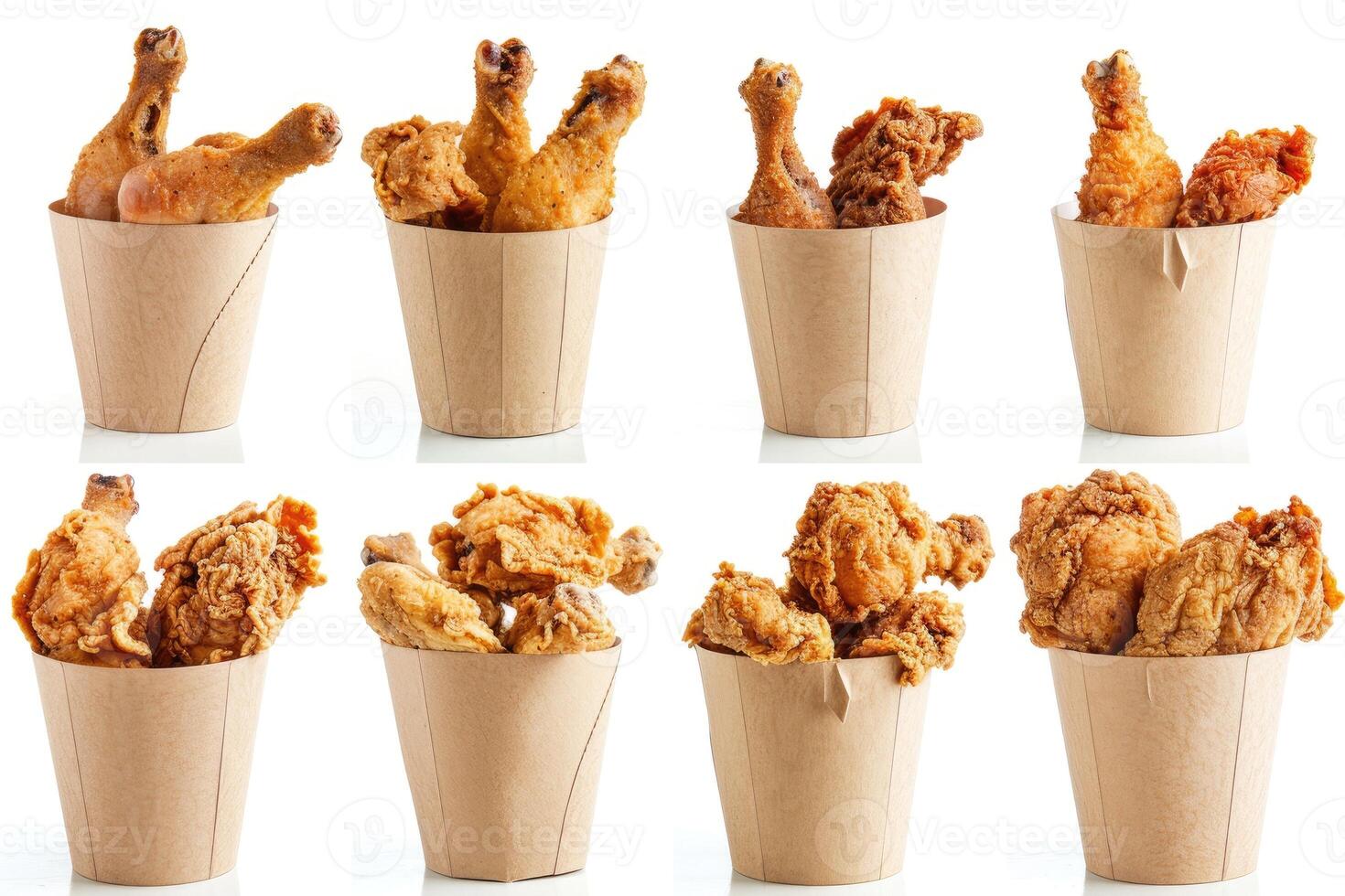 AI generated Collection of golden brown and crispy roasted Fried chicken served on a brown paper bucket isoalted on white background. photo