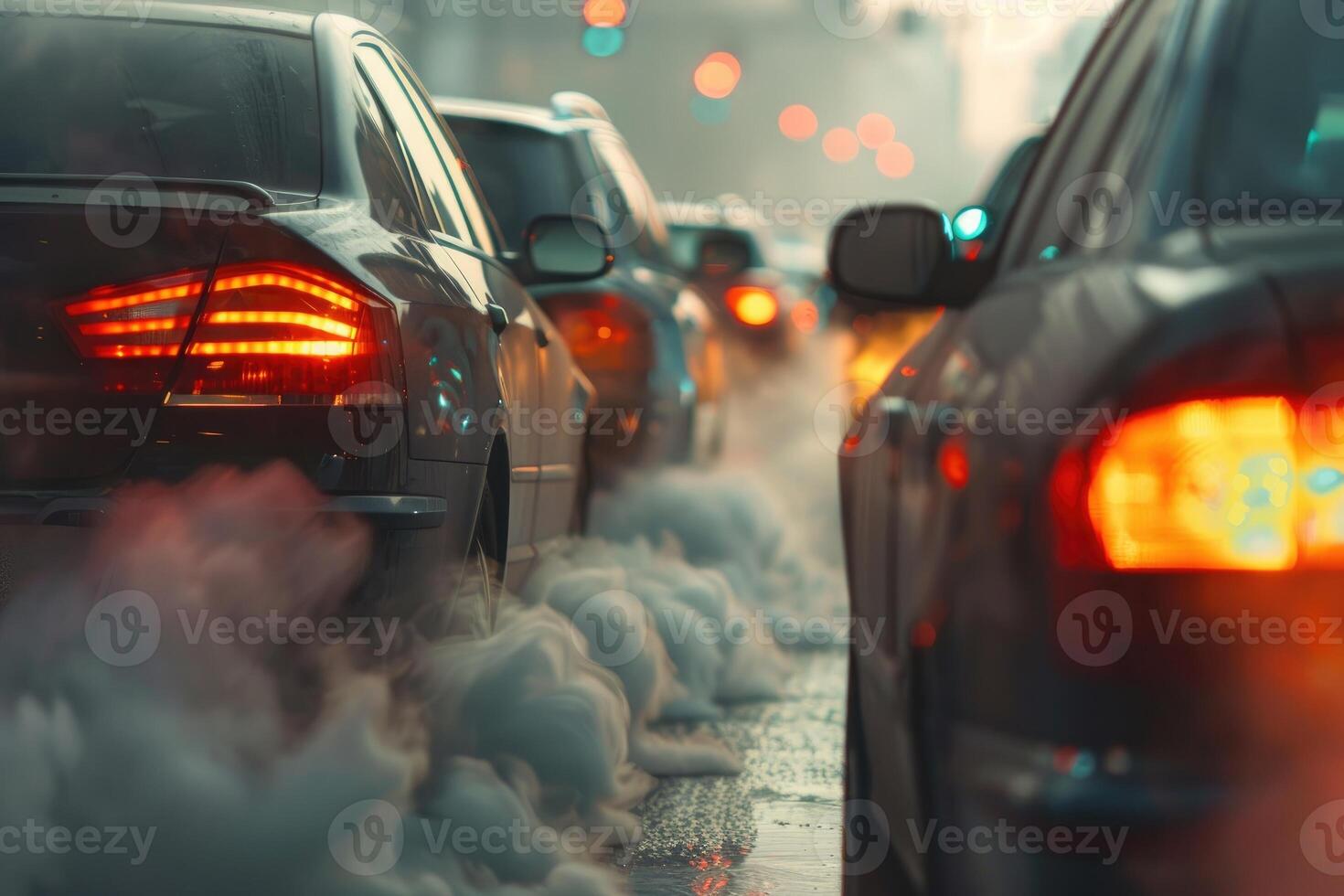 AI generated Transportation travel traffic jams on roads with air pollution, smoke from car exhaust pipes. photo