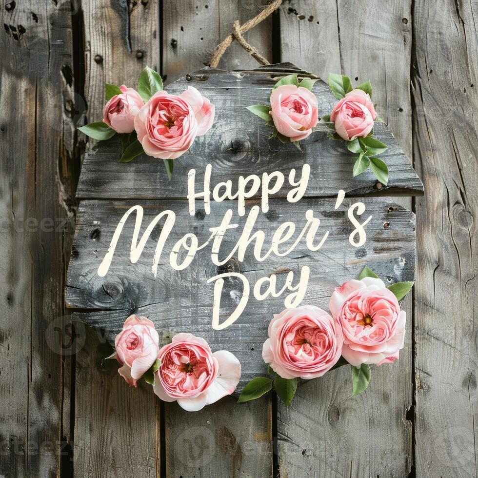 AI generated Happy Mother's day with pink roses over rustic wood background photo