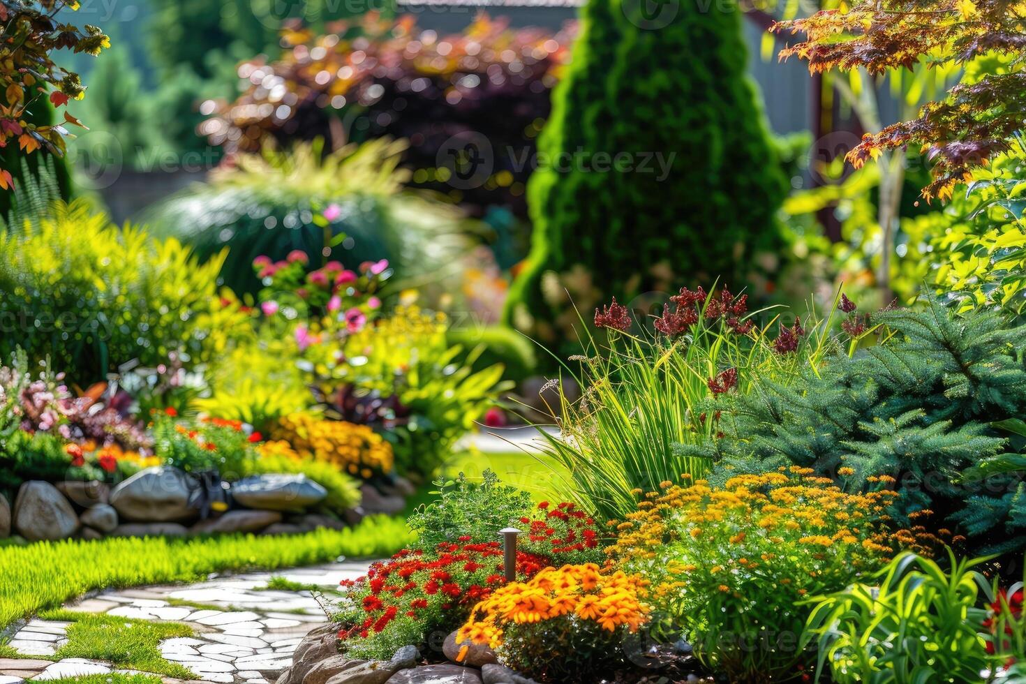 AI generated Beautiful landscaping with beautiful plants and flowers. photo