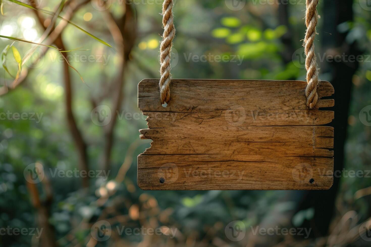 AI generated Empty advertising board on thread outdoors in nature. Wooden blank banner hanging on ropes. Place for text. photo