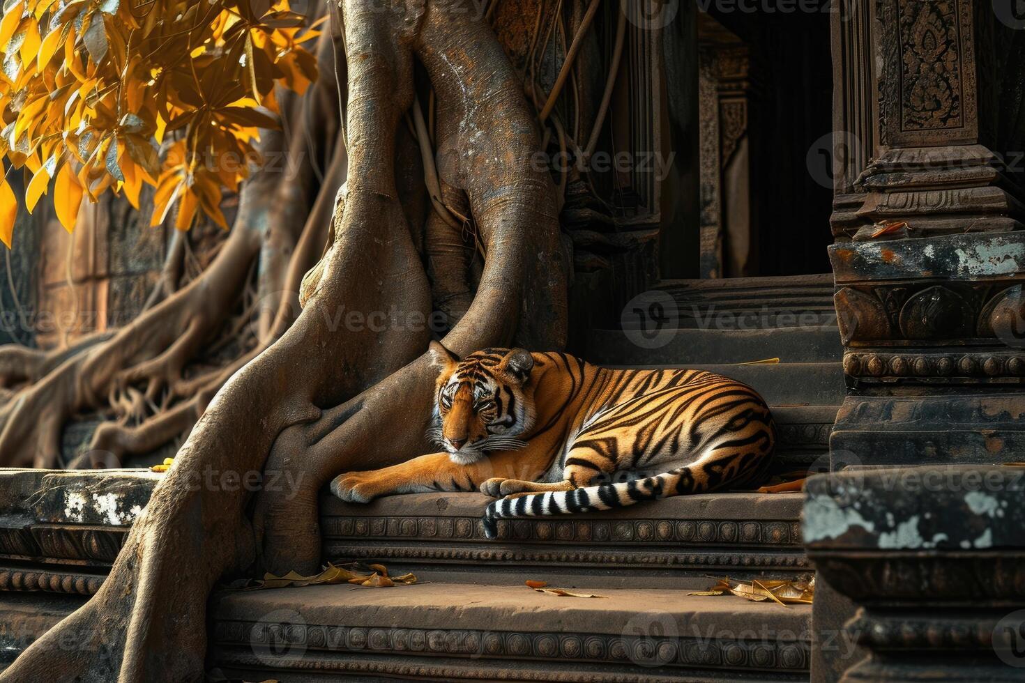 ai generado Tigre relajante en escalera con un árbol detrás él, en el estilo de budista Arte y arquitectura. foto