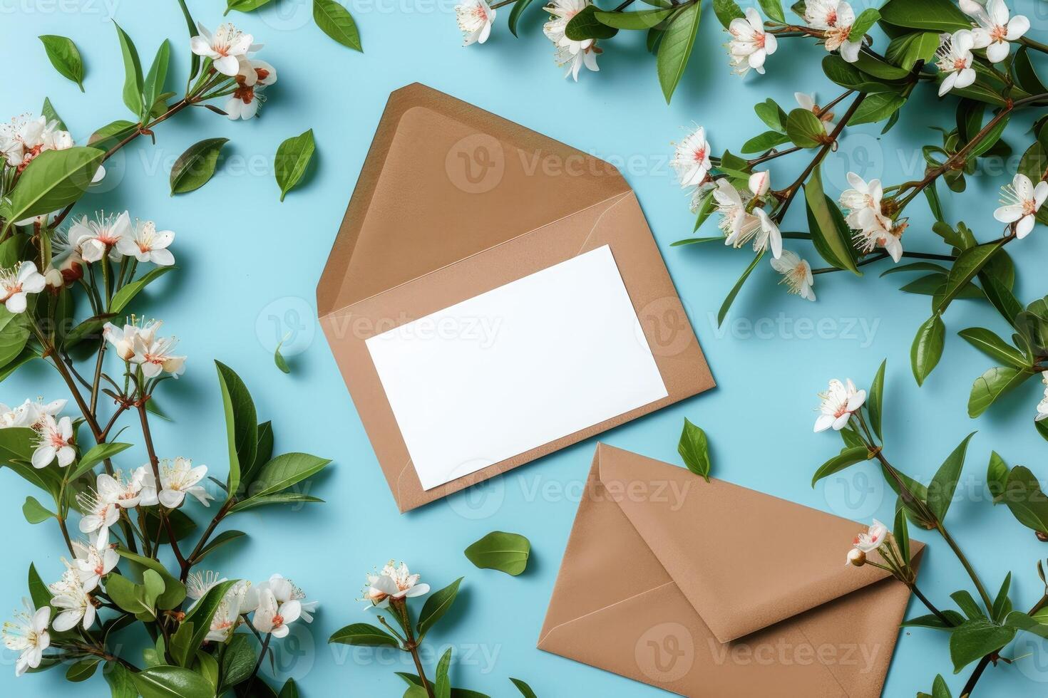 AI generated Cherry tree blossom, branches with white spring flowers and envelope over blue background photo