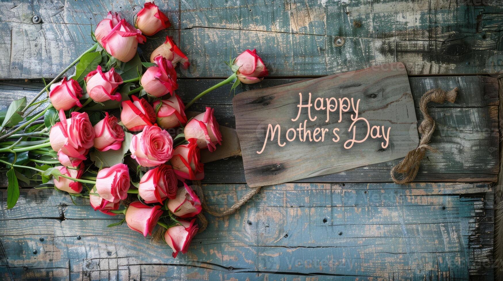 AI generated Happy Mother's day with red roses over rustic wood background photo