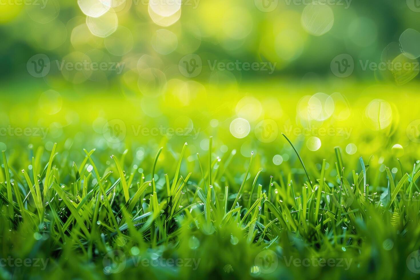 AI generated Vibrant green grass blades covered in sparkling water droplets photo