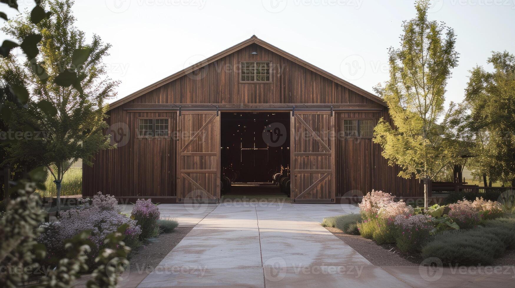 AI generated Brown barn on farm landscape photo