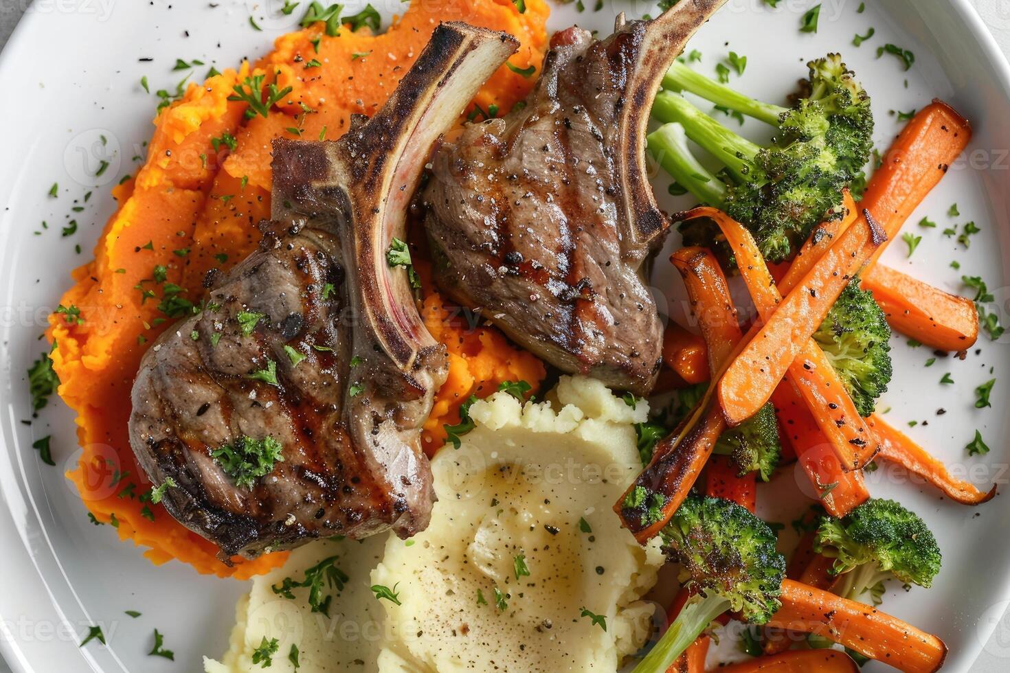 AI generated Roasted lamb chops with a side of mashed sweet potato and steamed vegetables. The steamed vegetables are a mix of broccoli and carrots. photo