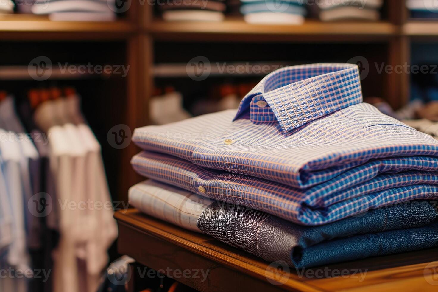 AI generated Mens shirts on a clothing shop background. photo