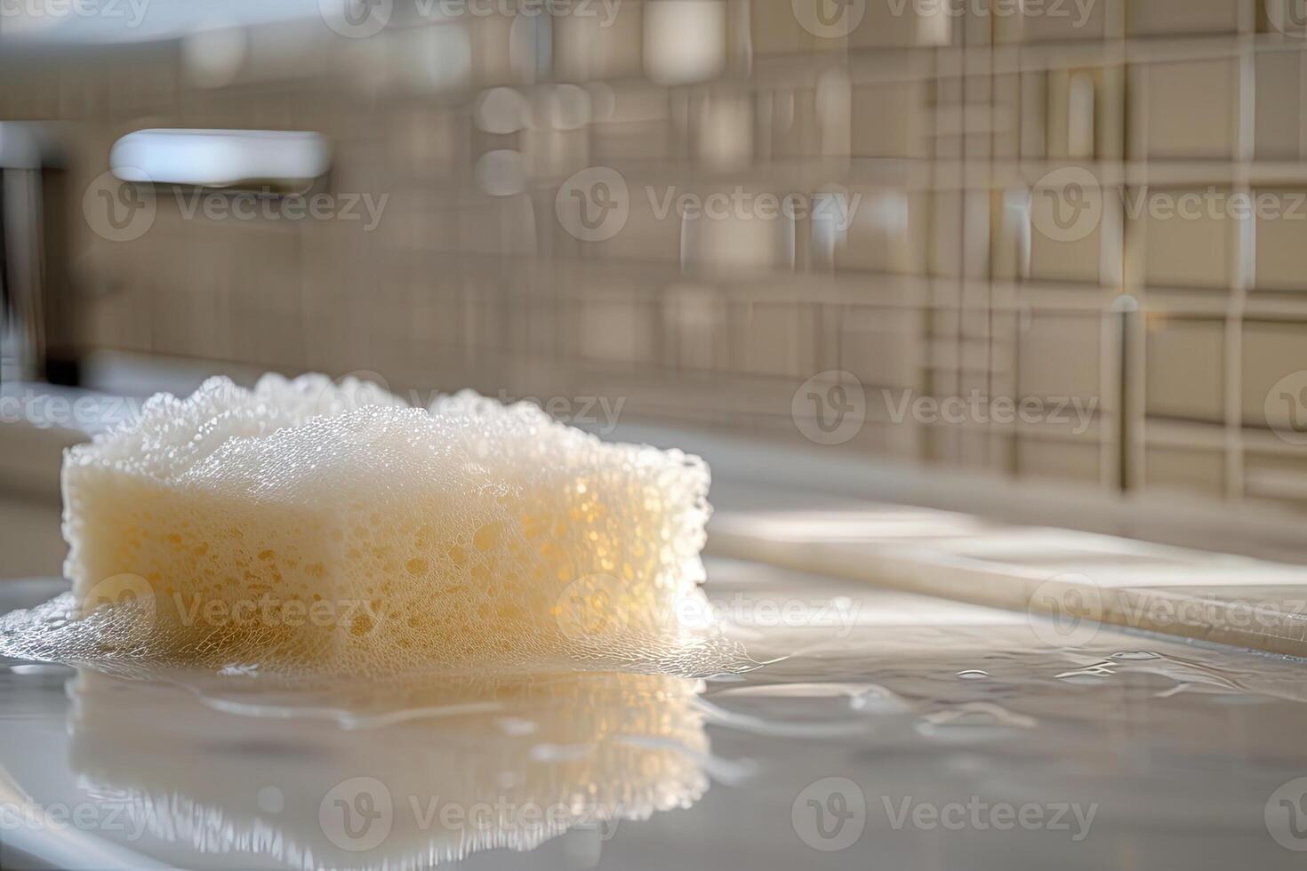 AI generated Wet white sponge in bathroom. photo
