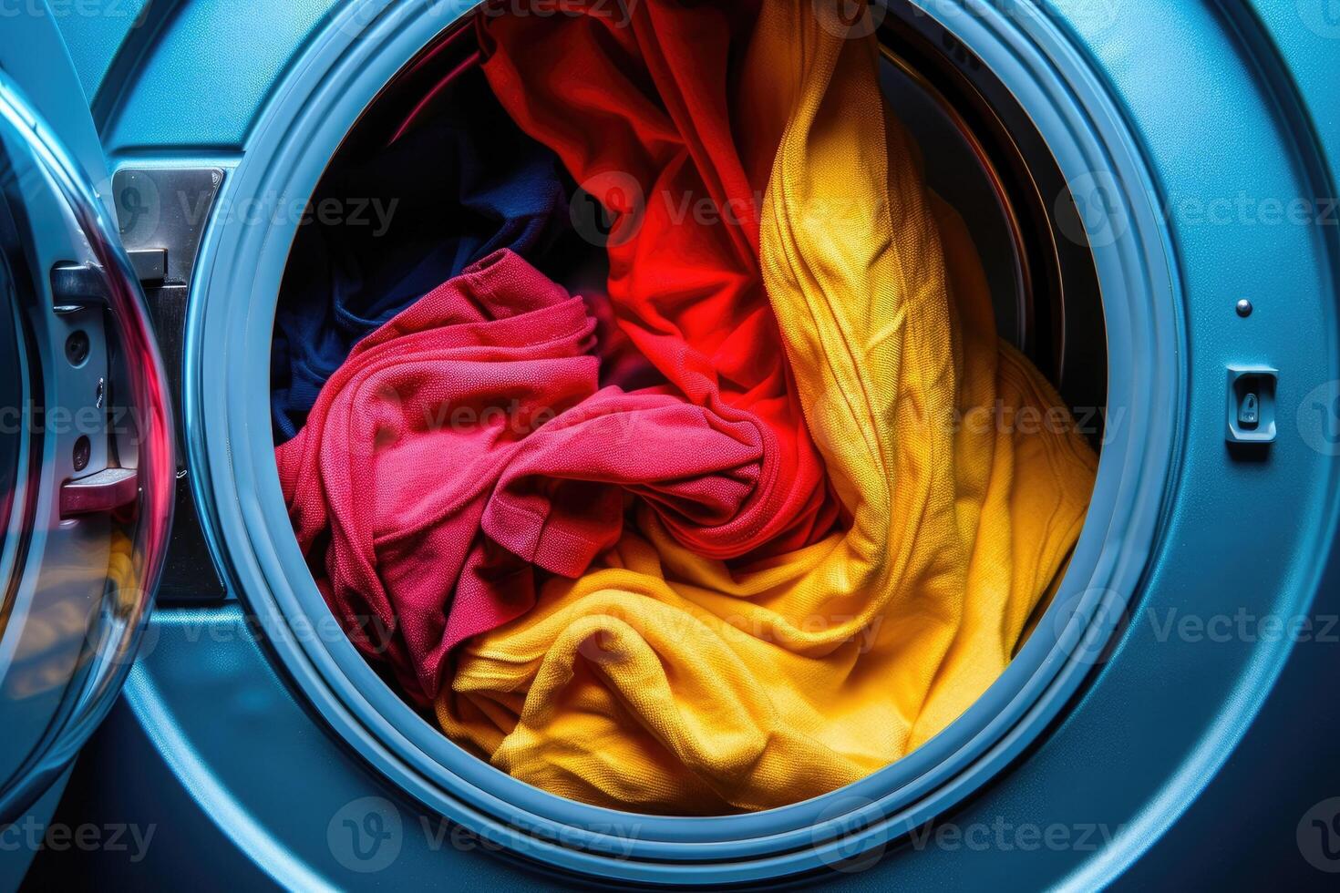 AI generated Washing machine with color clothes inside. photo