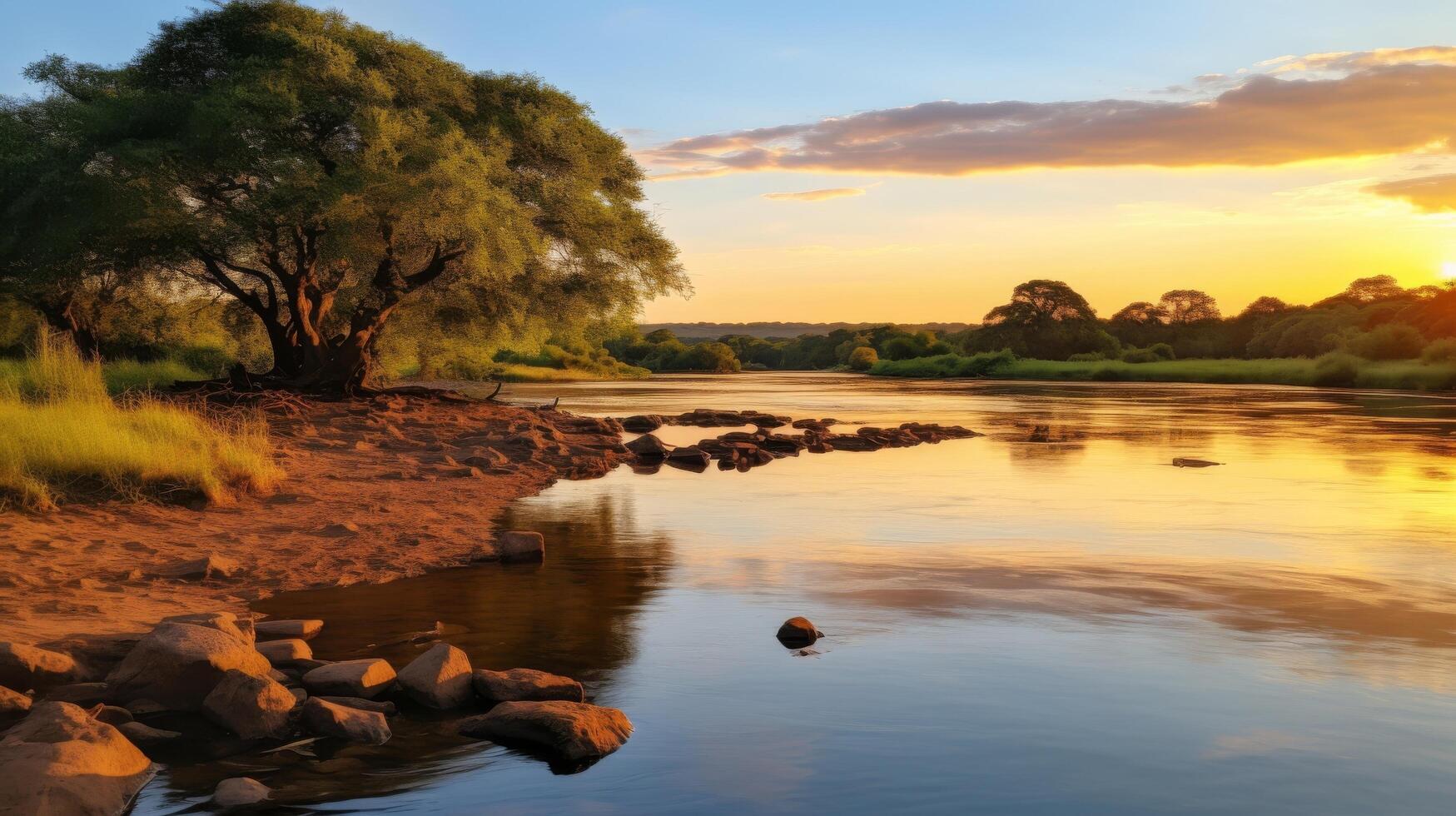 AI generated Sunset over calm river with water reflections photo