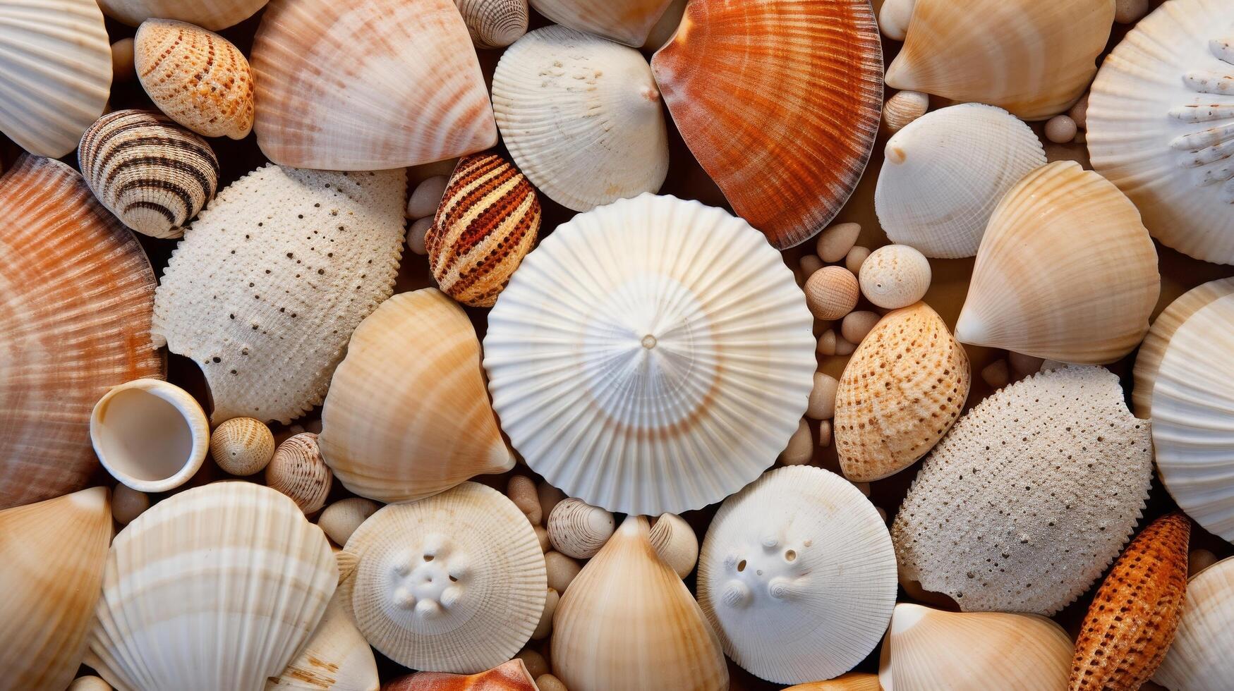 AI generated The beauty of seashells in close up, showing the details and variations of the textures and patterns photo