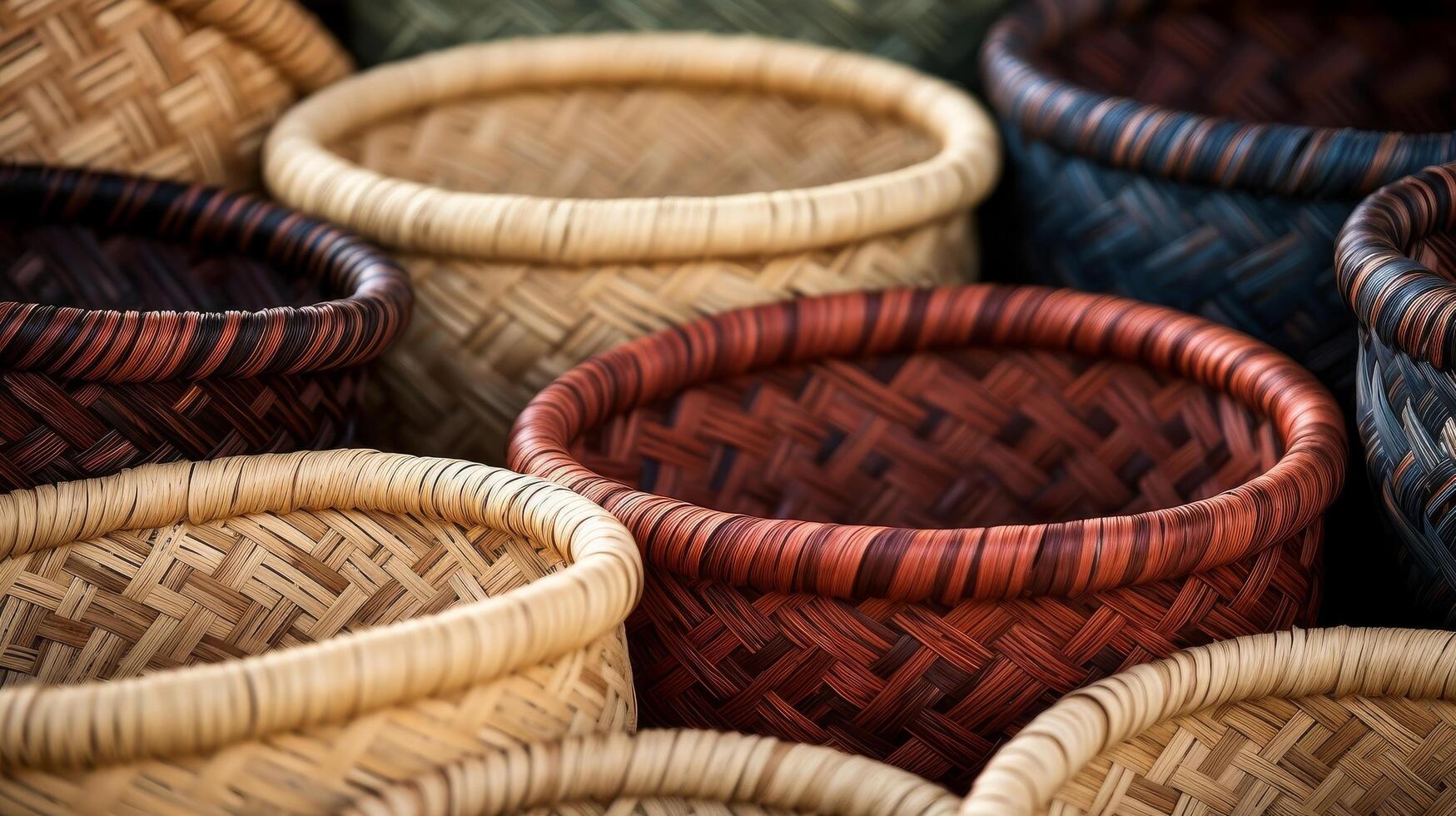 AI generated Stack of woven baskets in orderly arrangement photo