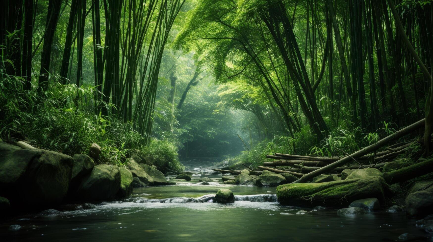 AI generated Remote river with lush bamboo forests and sky photo