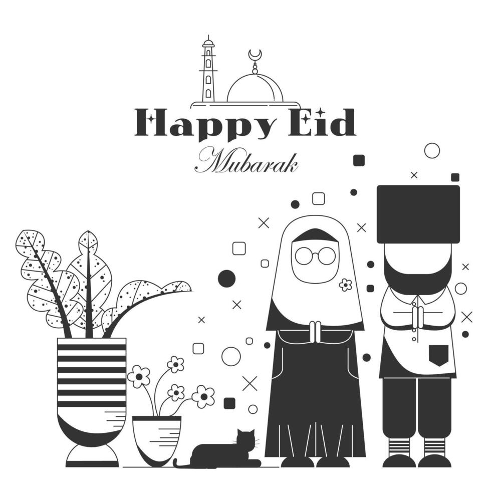 Happy Eid Mubarak template in black and white style vector