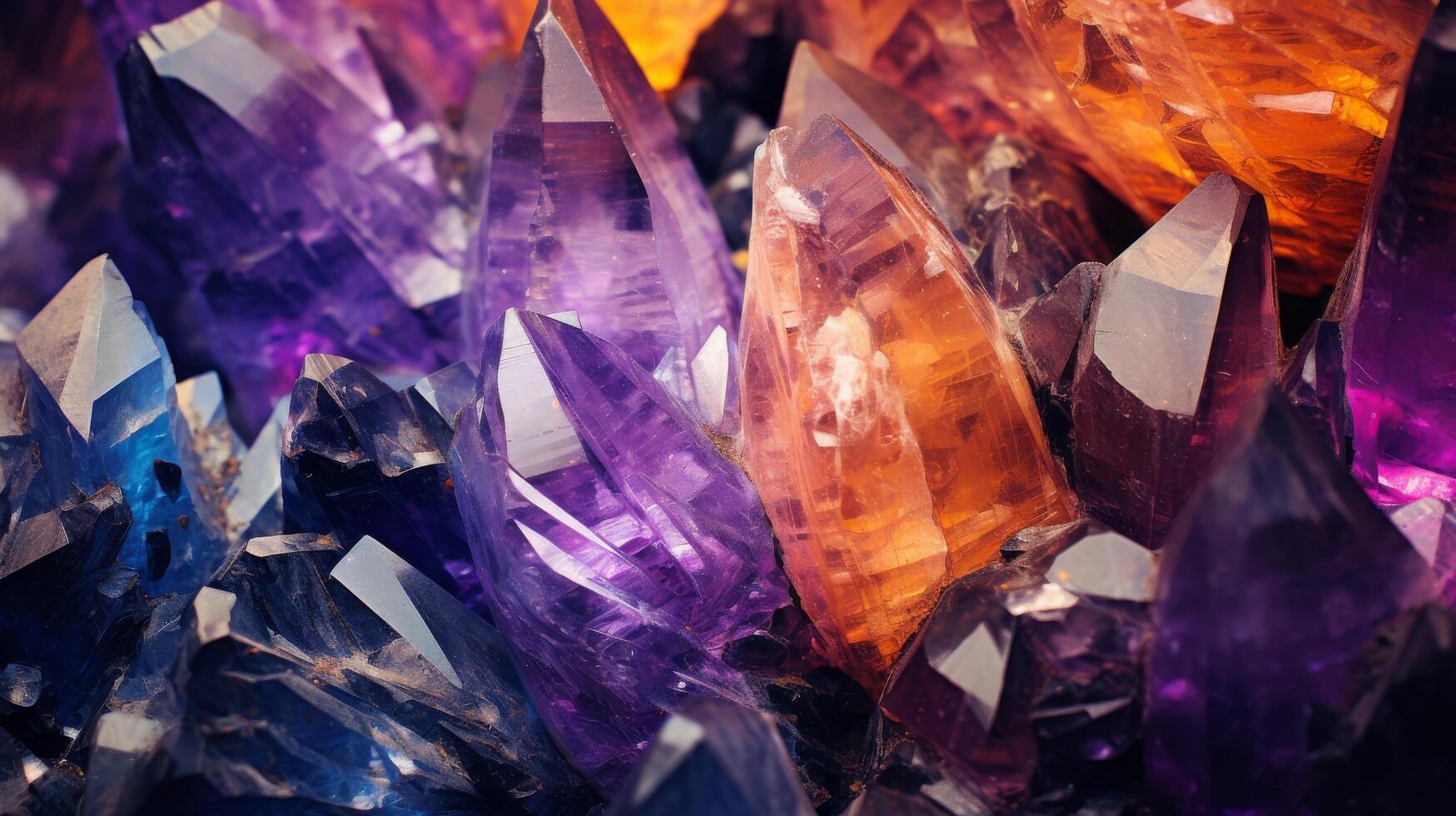AI generated A macro shot of crystals and gemstones, with mesmerizing textures and hues photo