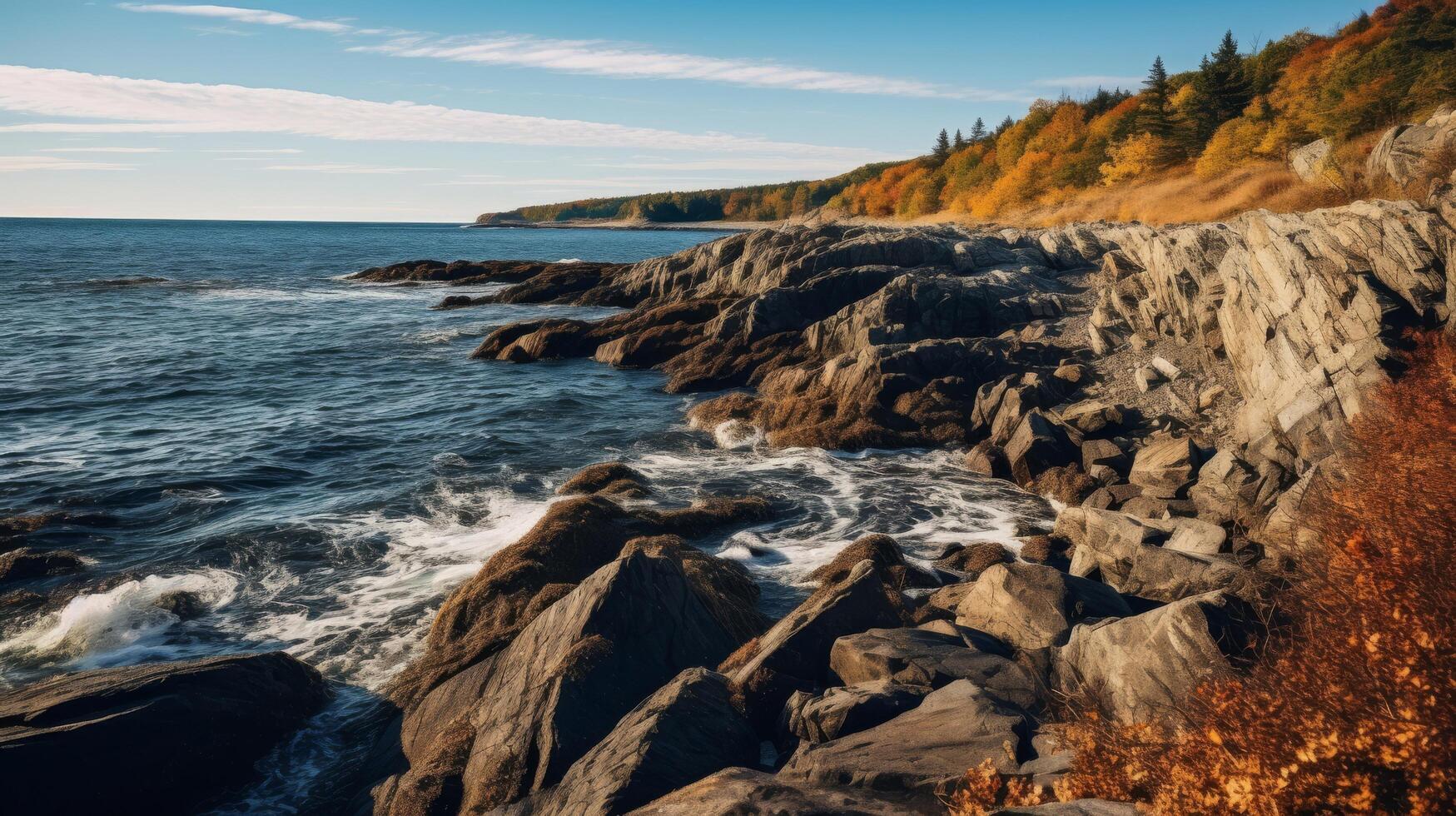 AI generated Rocky Coastline with Turquoise Sea and Blue Sky photo