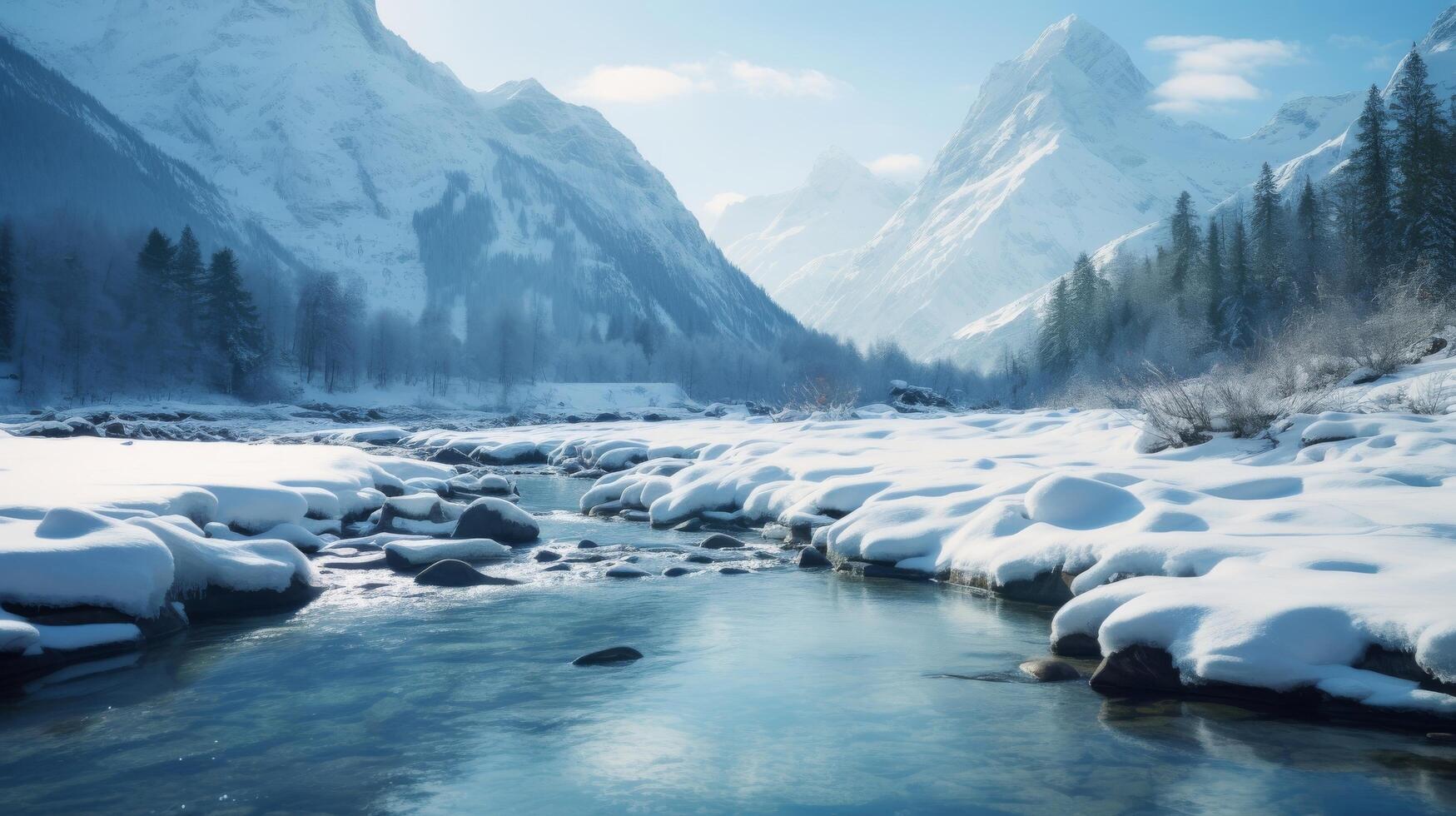 AI generated A picturesque river framed by snow covered peaks a rare and amazing sight to witness photo