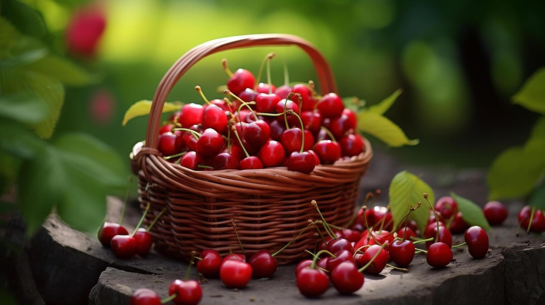 AI generated Basket overflowing with flavorful, plump cherries photo