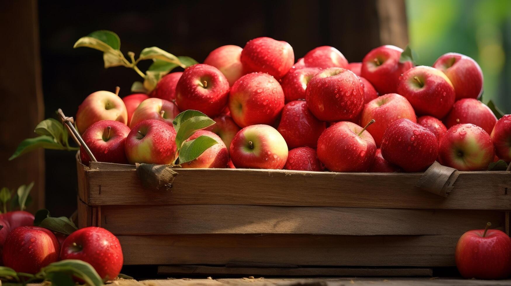 AI generated Harvested red apples neatly arranged in a rustic basket photo