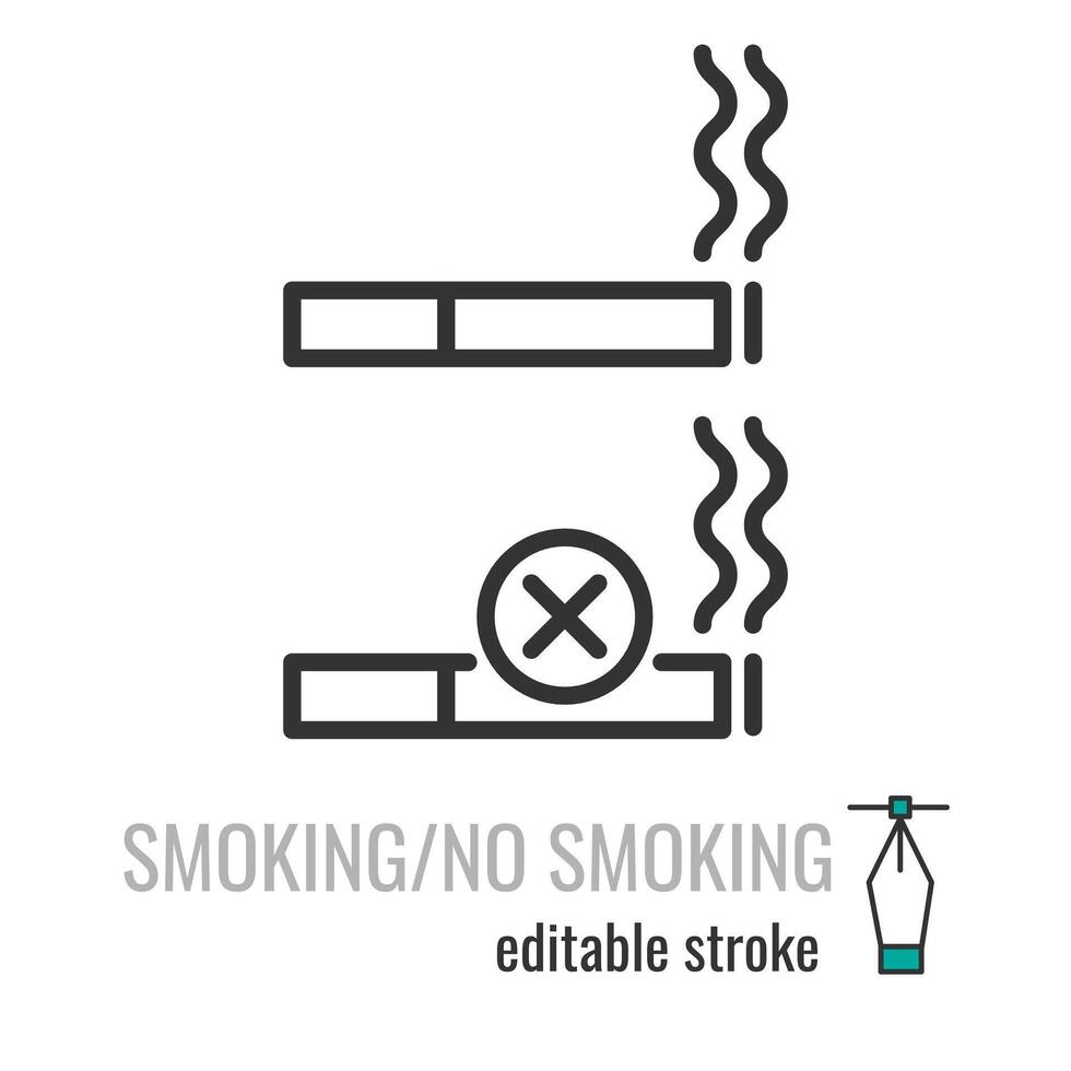 Smoking area and non smoking area line icons. Zone Smoke symbol. Smoking and do not smoking pictogram. Smoke and not smoke forbidden sign set. Vector graphics illustration EPS 10. Editable stroke