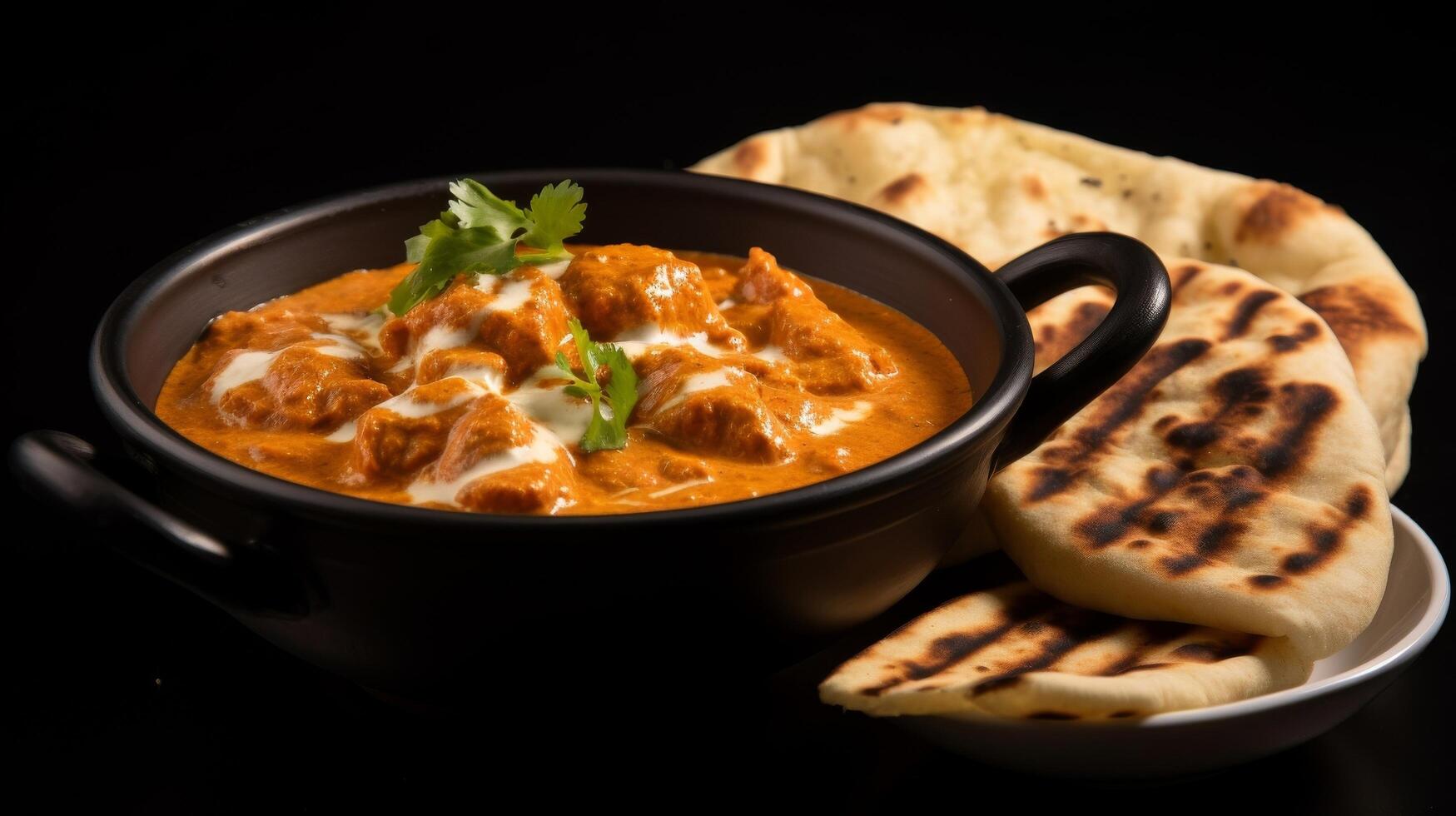 AI generated Moody capture of creamy butter chicken with naan photo