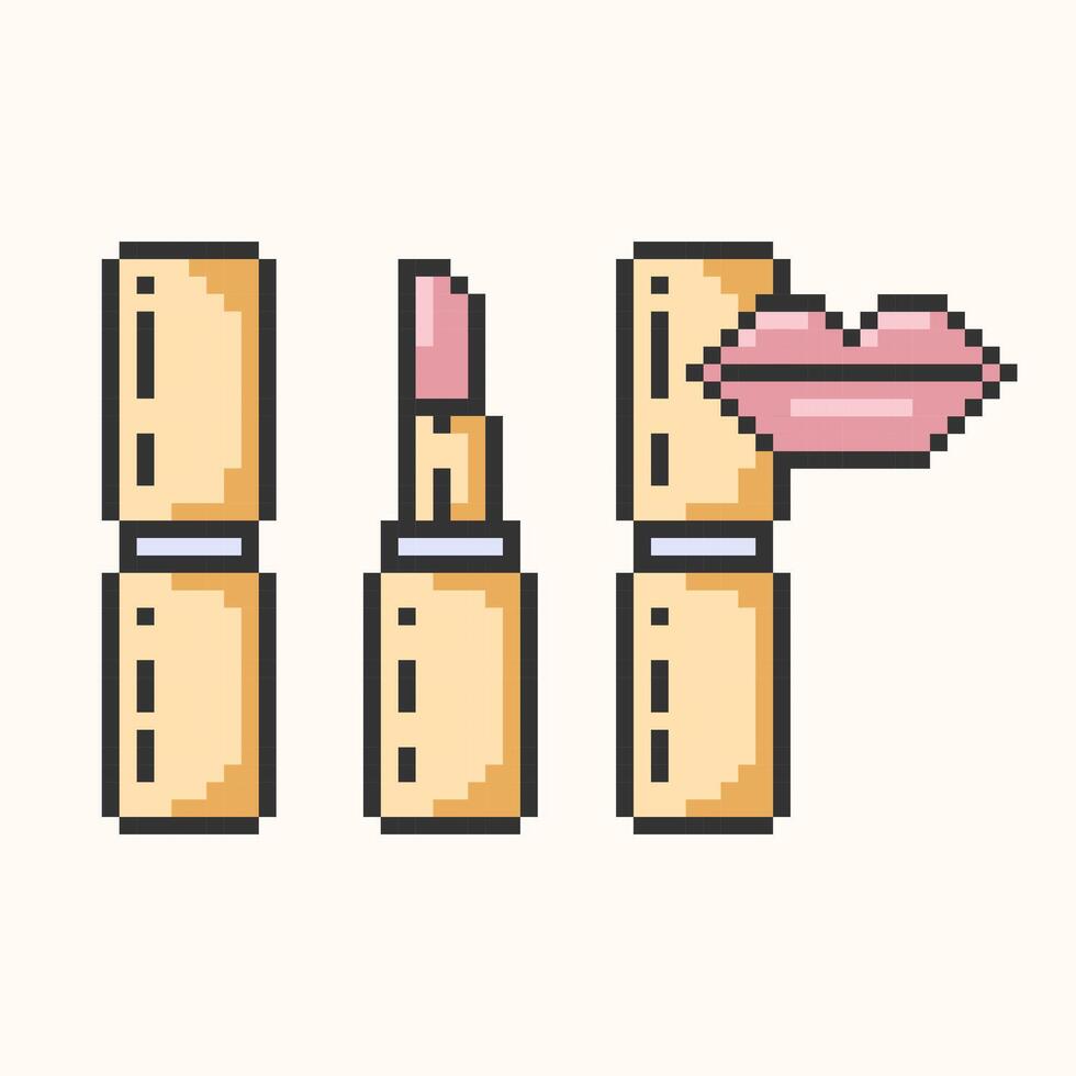 lápiz labial píxel Arte icono conjunto.cerrado, abrió lápiz labial paquete y con labios de la boca maquillaje y cosmetología vector icono.vector ilustración eps10.