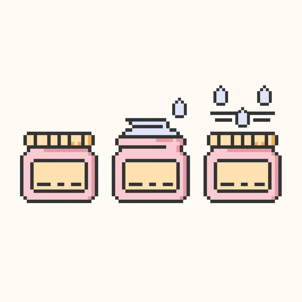 Cosmetic cream icon pixel art set.Dermatology, facial, lotion, balm beauty sign.Closed, open with cream drop and moisturizing symbol.Simple instructions for using.Vector illustration EPS 10. vector