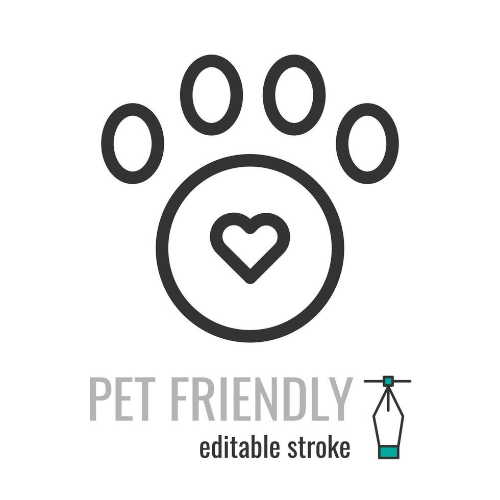 Pet Friendly line icon. pet care symbol. Dog or cat Love Heart with cute paw pictogram. Pets allowed public places sign. Vector graphics illustration EPS 10. Editable stroke