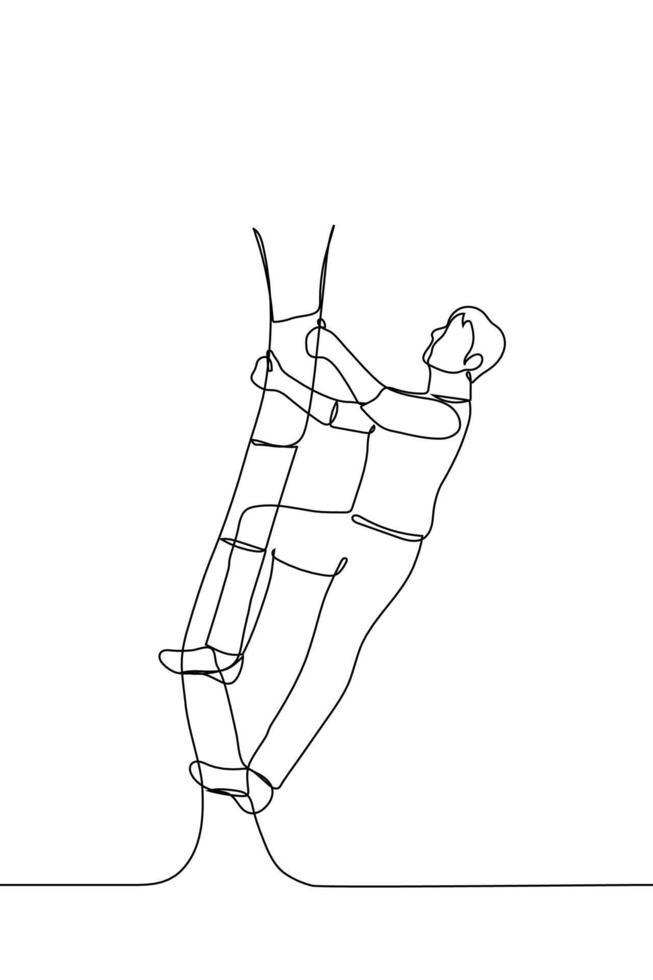 man climbs the rope ladder up - one line drawing. the concept of career growth, social lift, difficulties on the way to the goal vector