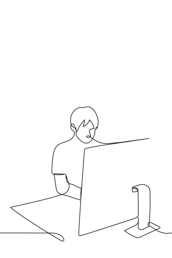 hombre sentado a el computadora - uno línea dibujo vector. concepto trabajo desde hogar, persona de libre dedicación, trabajo colaborativo, lugar de trabajo, enorme monitor vector