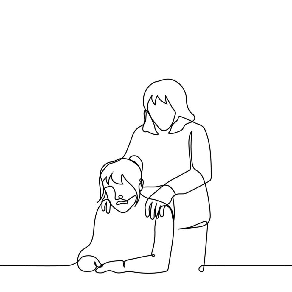 woman is holding by the shoulders another woman who does not like it - one line drawing. unpleasant touch concept, comfort crying person, sexual harassment vector