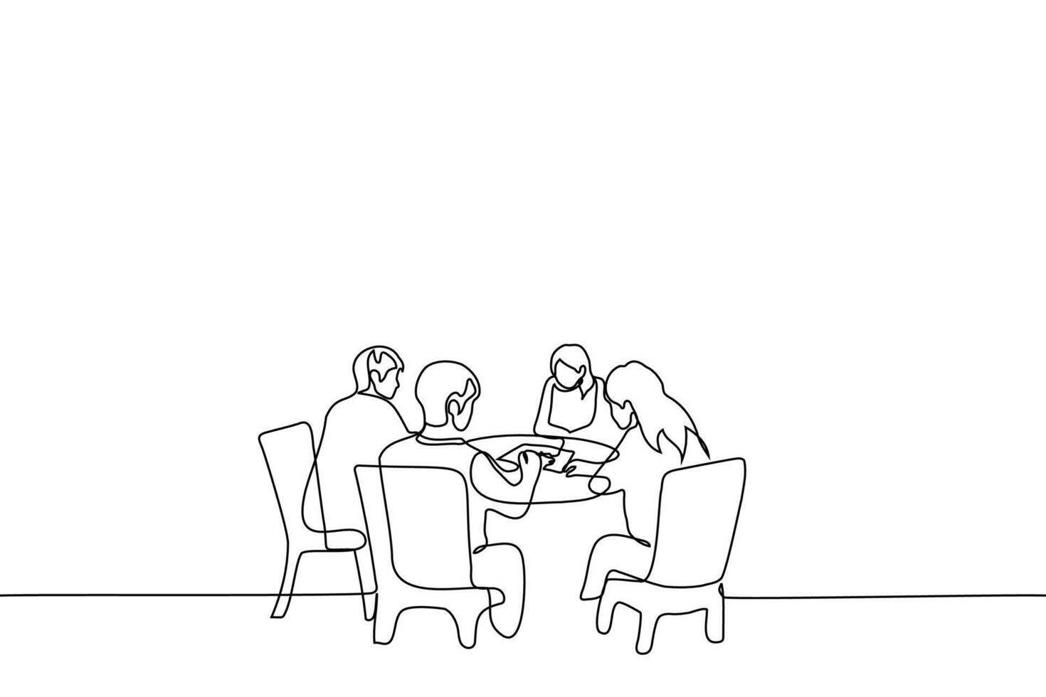 company of four friends are playing board games - one line drawing vector. girls and guys are passionate about board game sitting at round table with card vector