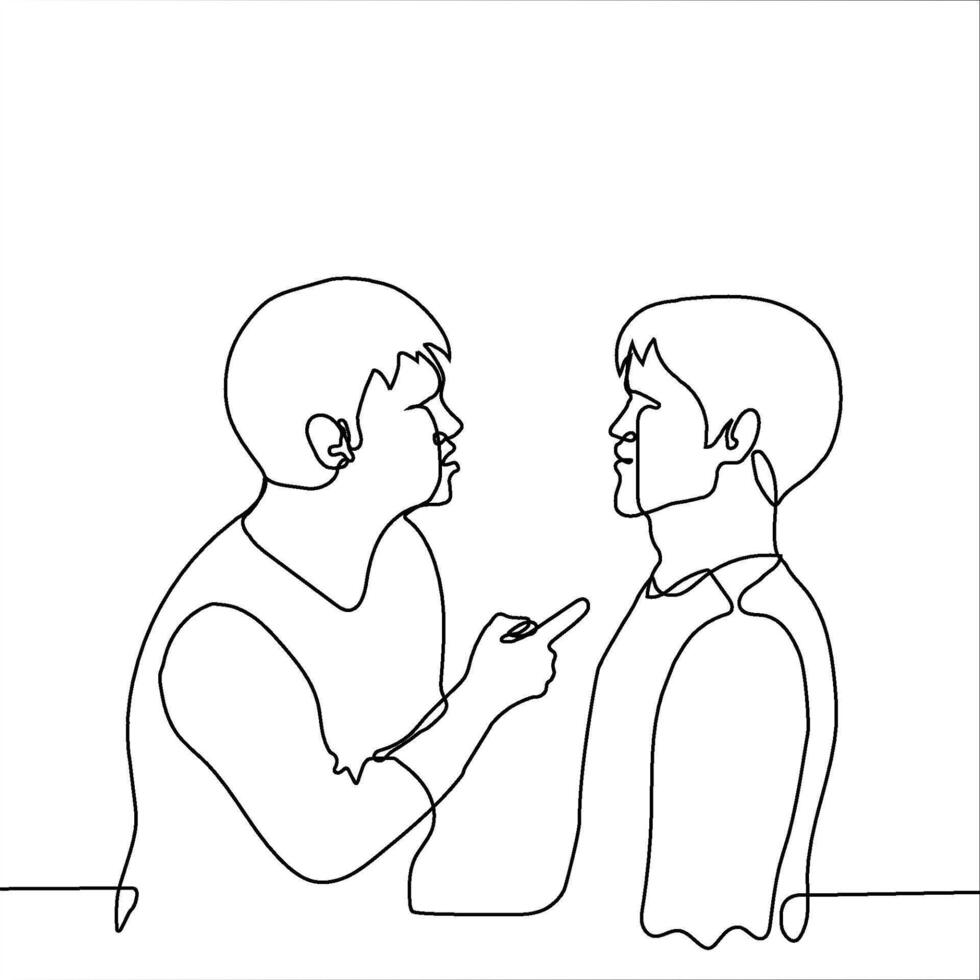 two men argue, one of whom pokes his index finger into the chest of the other - one line drawing vector. quarrel concept of business partners, friends, homosexual couple vector