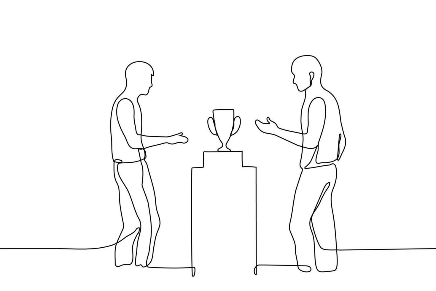 silueta de dos hombres en pie en frente de pedestal con el del ganador taza, ambos alcanzando para premio - uno línea dibujo vector. concepto de Deportes excitación, confrontación, conflicto de interés, batalla vector