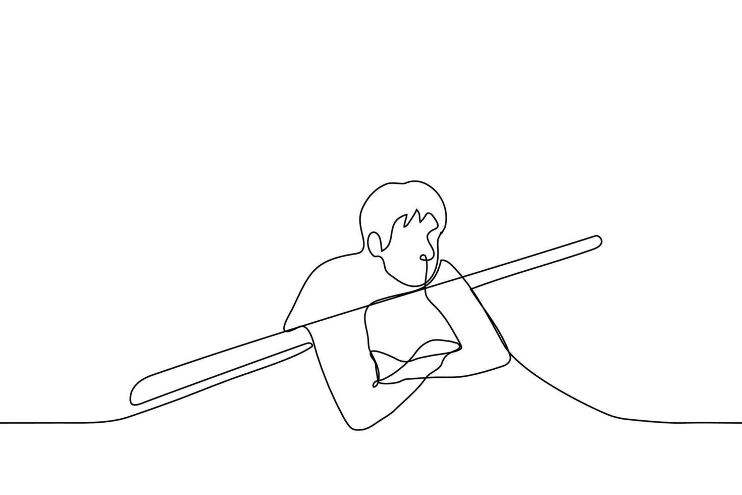 hombre colgando desde pared con su brazos cruzado - uno línea dibujo vector. concepto de acecho desde detrás el muro, también alto para obstrucción vector