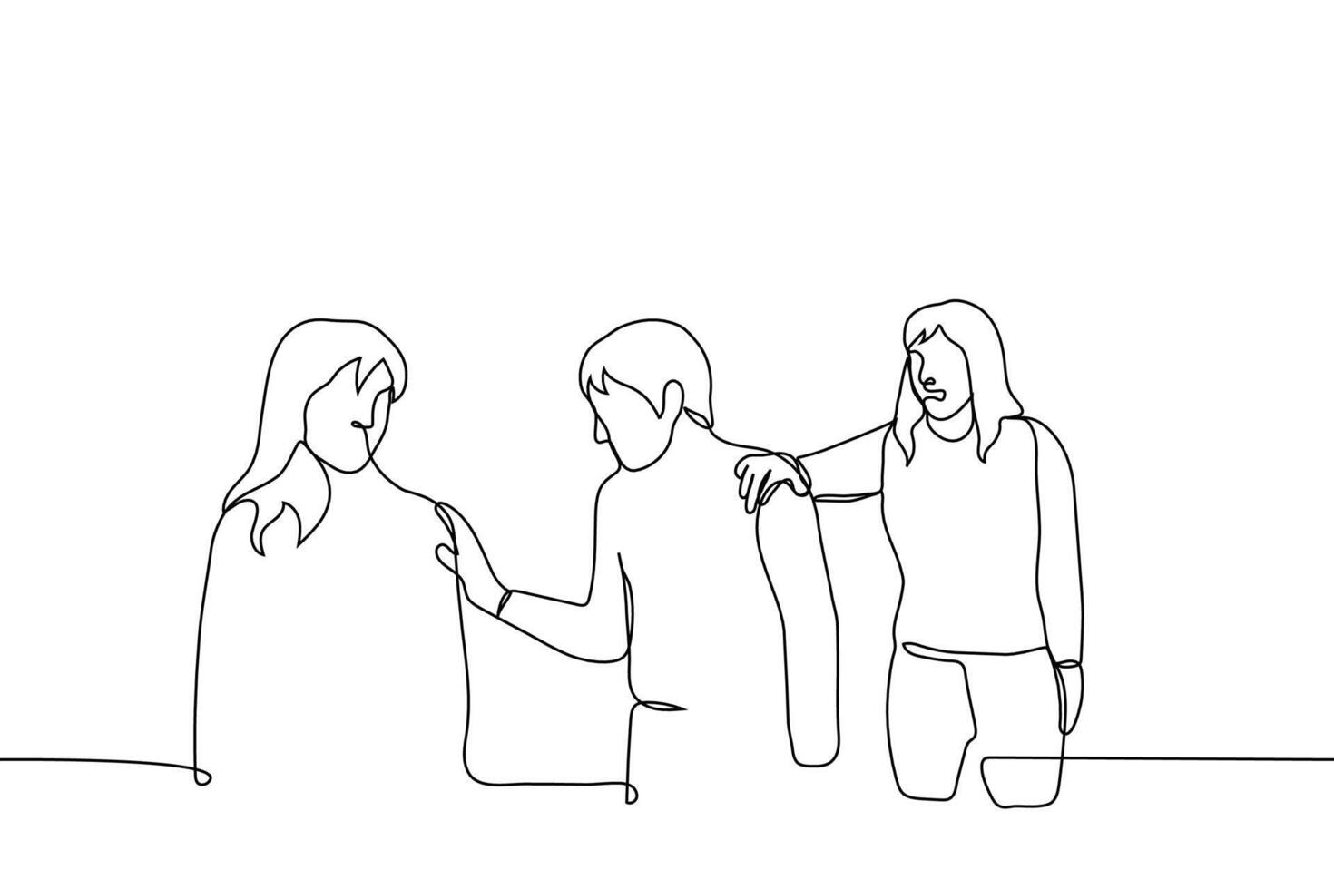 woman grabs the shoulder of man who addresses touches, strokes another woman - one line drawing. concept jealousy, friend stops from relationship, warn about dangerous, woman protection for friend vector