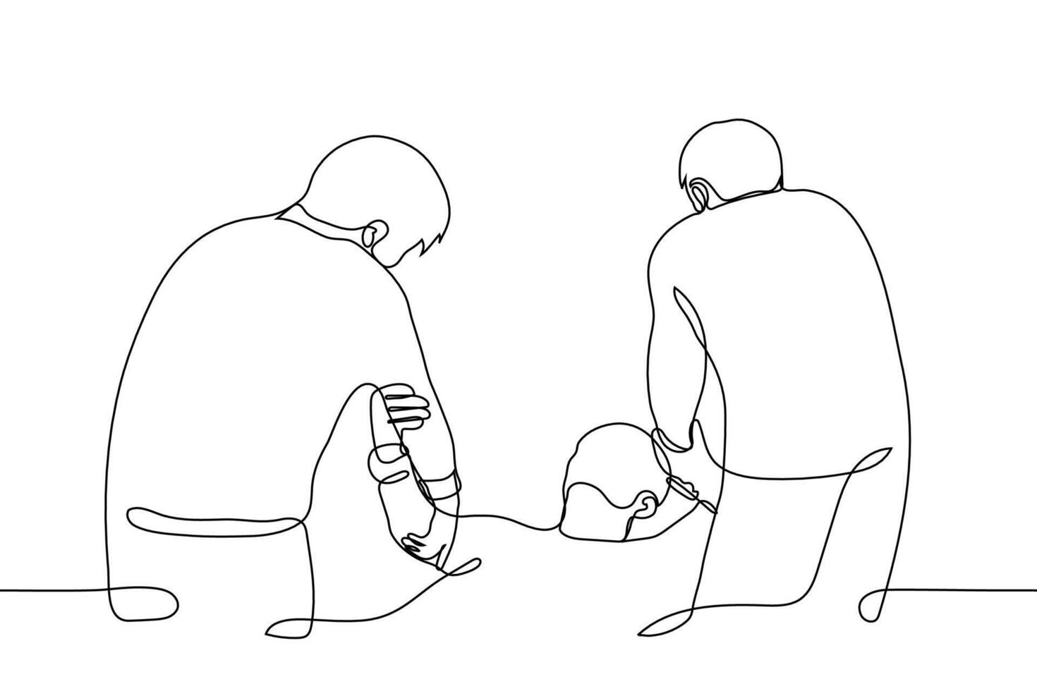two men lift the fallen man by the hands - one line drawing. concept of ambulance, care, support, help to climb, nurses raise the patient vector