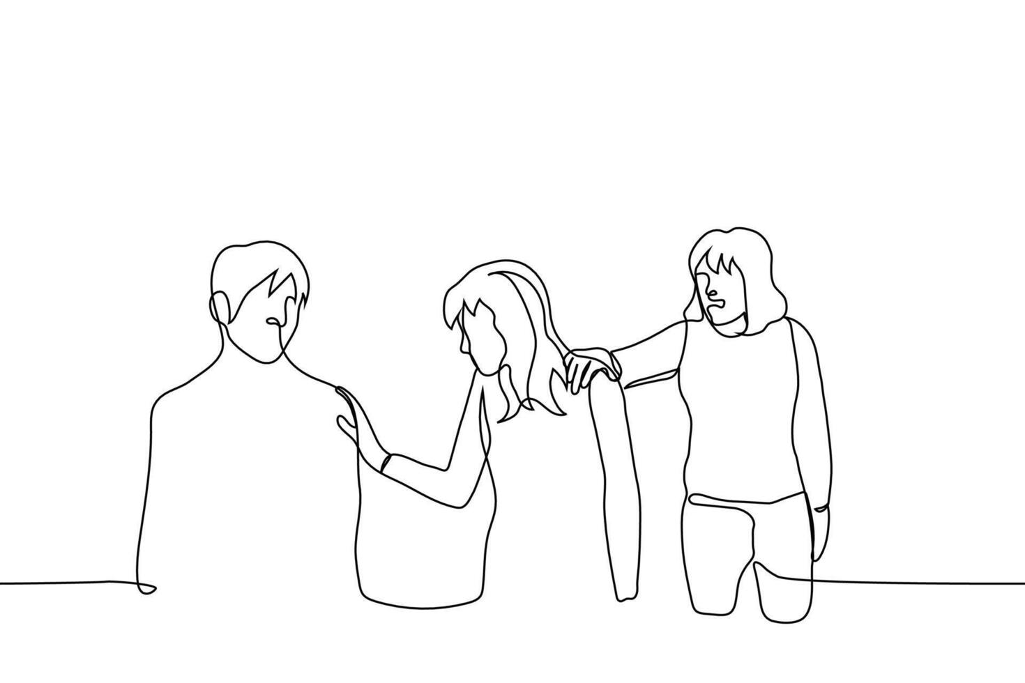 woman grabs another woman's shoulder that touches the man's shoulder - one line drawing. a woman is jealous of her friend for new friends, lesbian is jealous of her beloved for a man vector