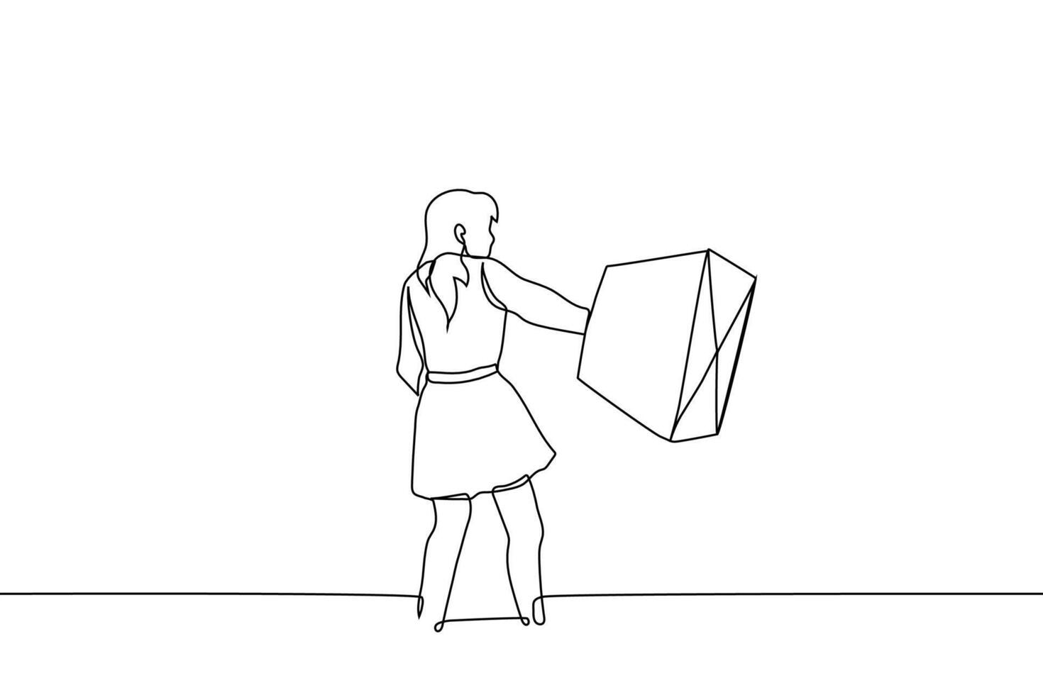 woman waves full shopping bag - one line drawing. concept of happy shopper during black friday sale. woman in coat with long hair stands with her back to viewer waving large full bag of purchases vector