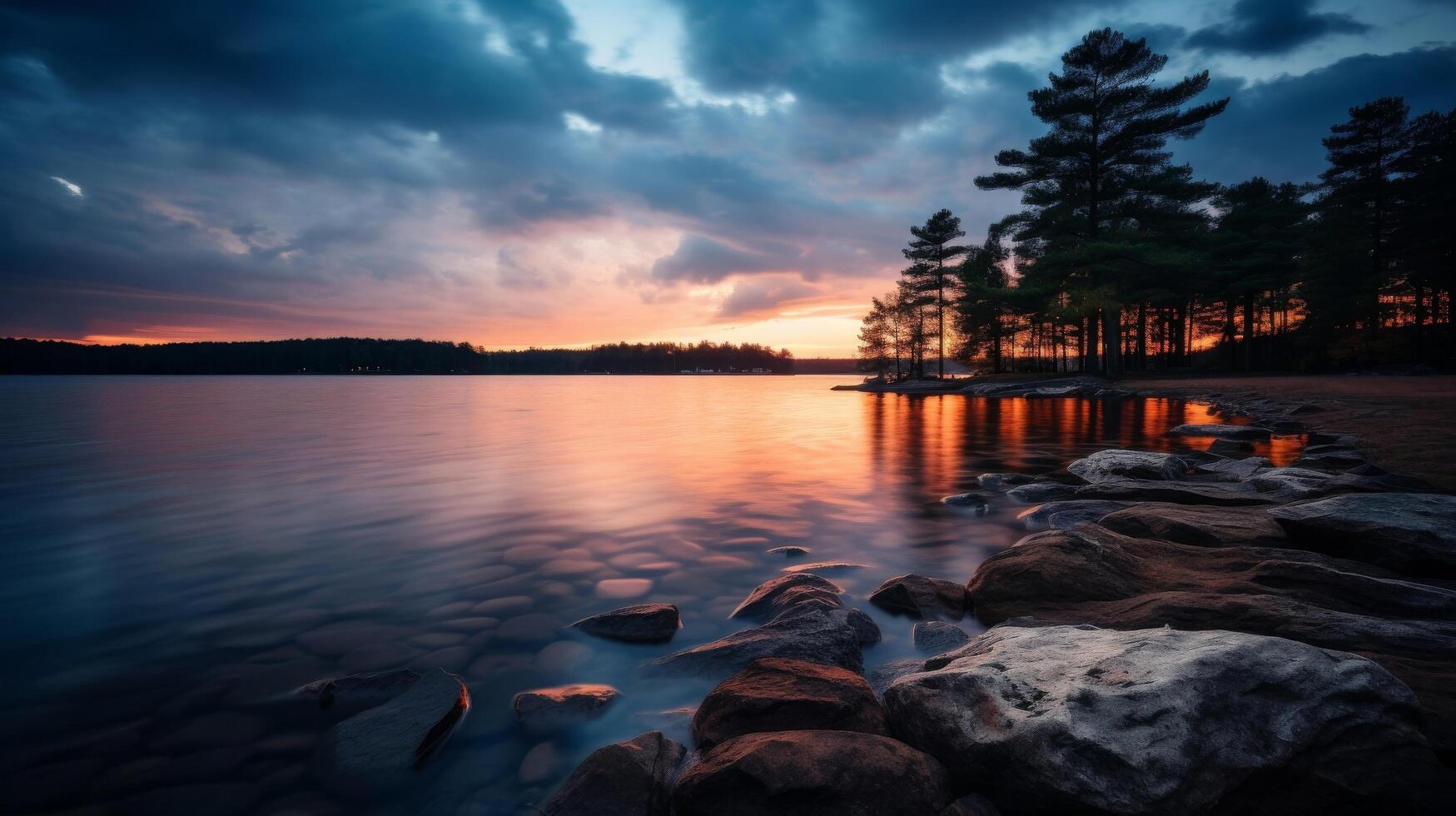 AI generated Moody lake and sunset in nature photo