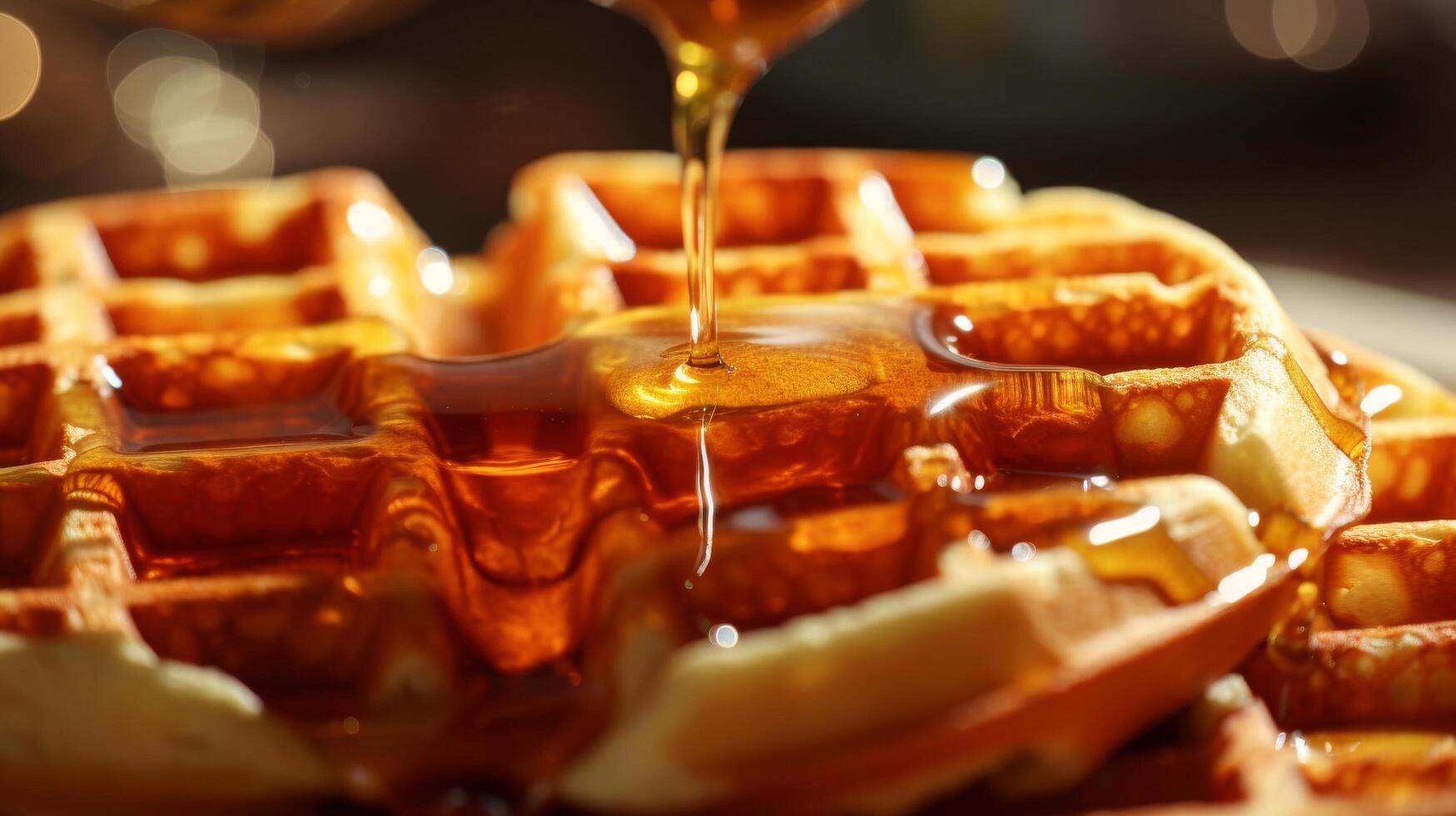 AI generated Indulge in a mouthwatering waffle with cascading syrup photo