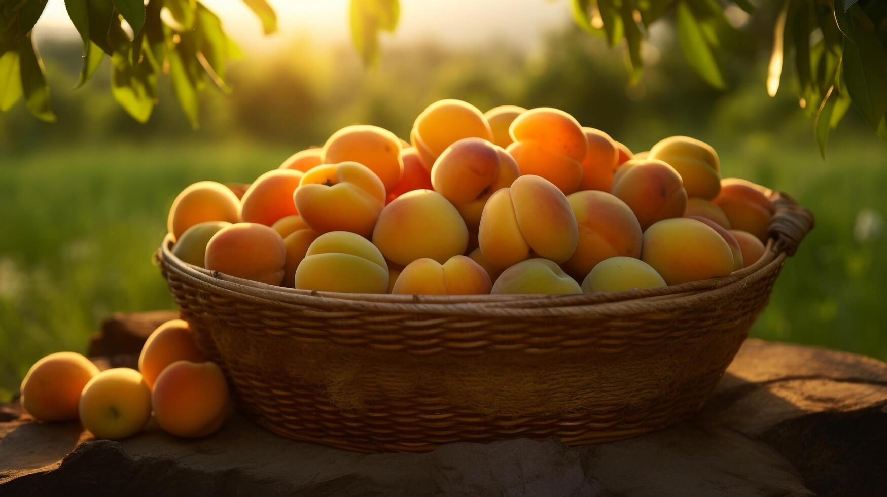 AI generated Basket overflowing with ripe, juicy apricots photo