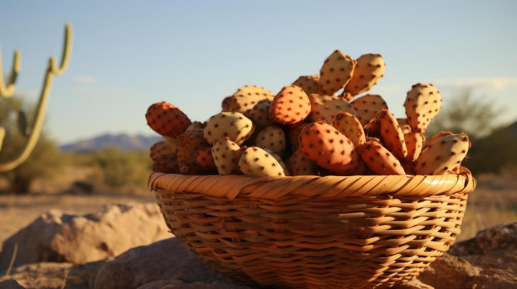 AI generated Basket of prickly pears in a desert setting photo