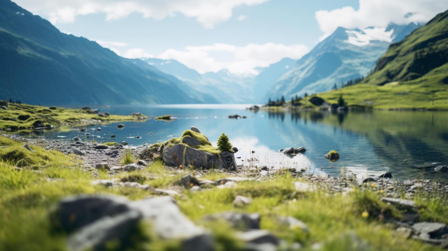 AI generated Tiltshift lake and mountain landscape background photo