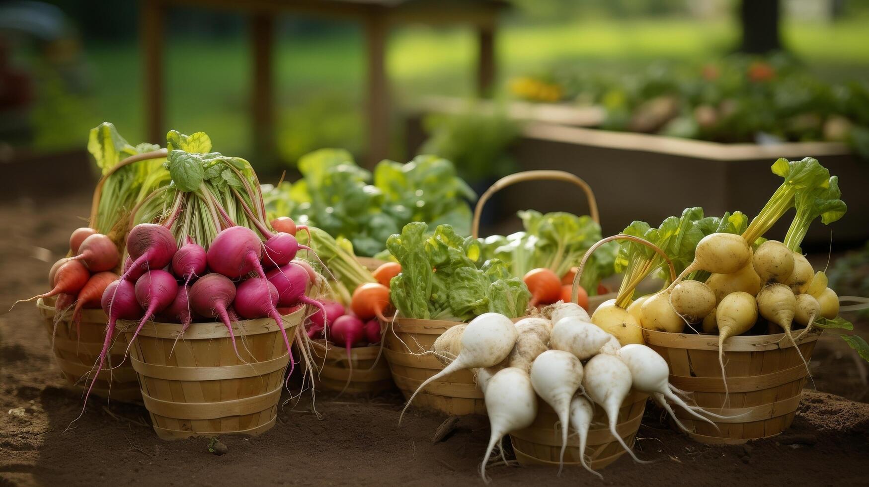 AI generated Baskets of assorted root vegetables, including radishes and turnips photo