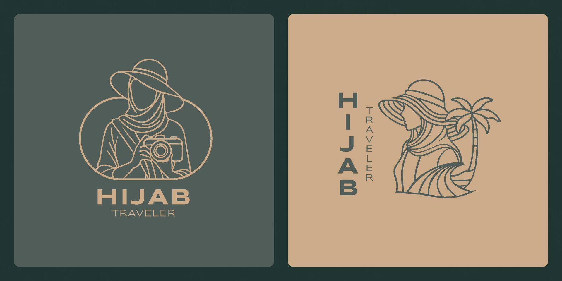 Hijab traveler with simple hand-drawn palm wave line art logo vector