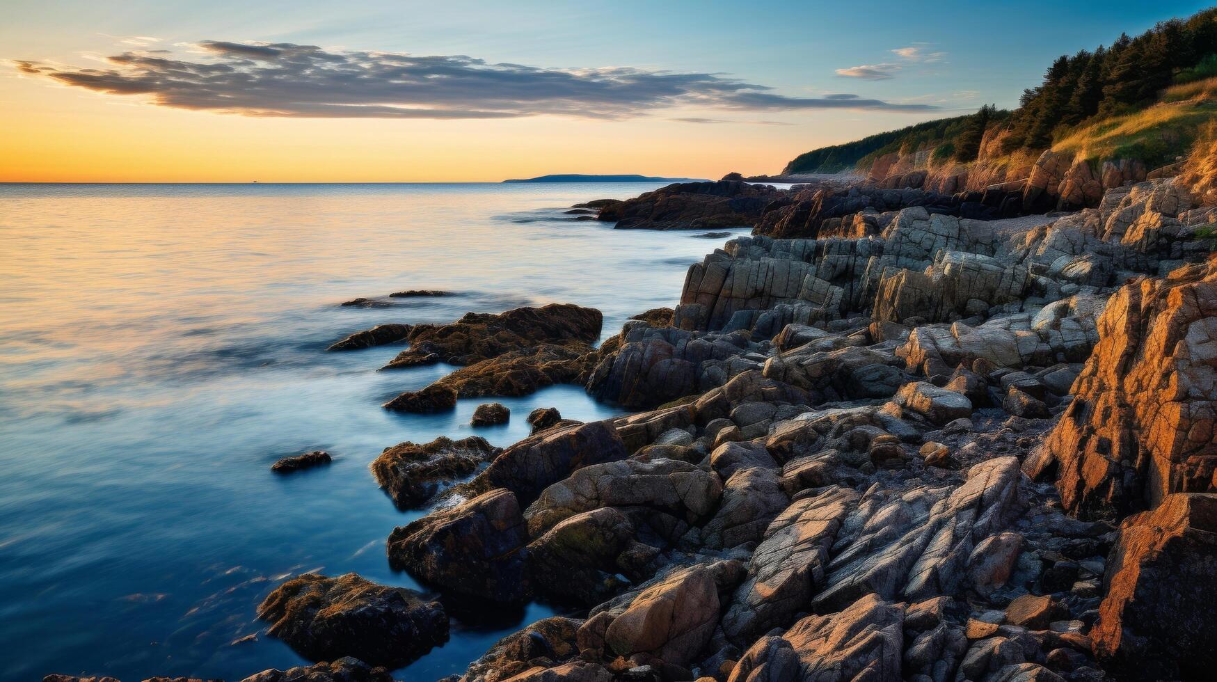 AI generated Dawn Light on Rocky Shoreline photo