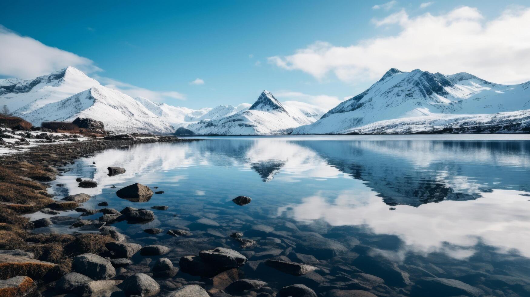 AI generated Winter lake landscape with frozen water and snowy mountains photo